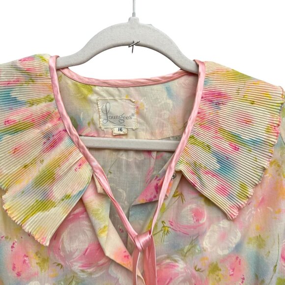 VTG Loungees Floral Pleated Ruffled Button Front Night Gown Dress 16 Pink - Picture 2 of 10